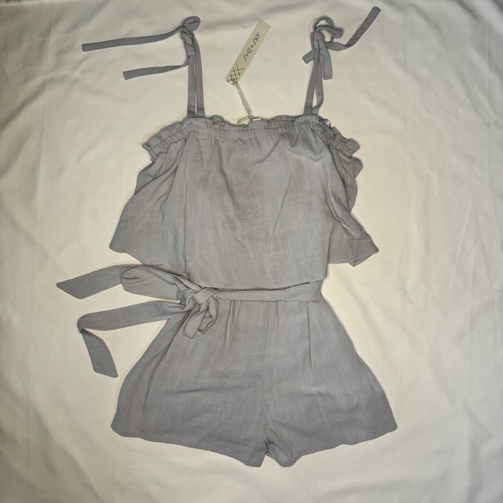 She + Sky Light Gray/Blue Romper with Tie Straps